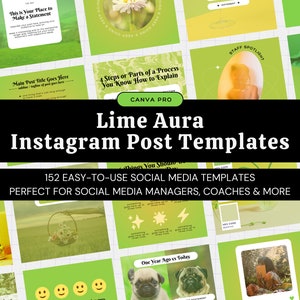 Plantillas de publicaciones de Instagram estéticas con aura de lima • Plantillas de redes sociales de Canva Pro • Diseño colorido en verde y amarillo • Coach de gestión de redes sociales