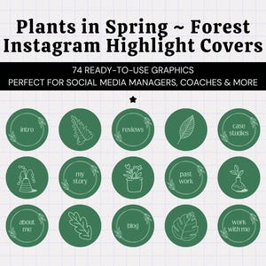 Copertine Instagram Highlight con estetica primaverile verde scuro • Icone delle storie di Instagram • Sfondo verde foresta • Grafica della sezione Highlight