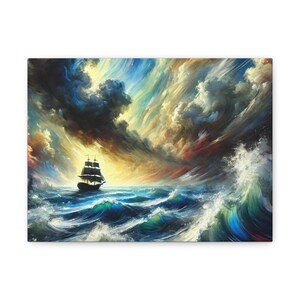 Impressão em tela de barco à vela: tempestade oceânica colorida, arte de parede náutica