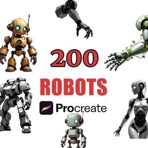 May include: An image featuring various robot illustrations. The image includes a variety of robot designs, including a gold and brown robot, a silver robot, and a robot arm with green vines. The text "200 ROBOTS" is displayed in red.
