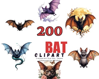 200 BAT Clipart Bundle - Halloween Bat Illustrations, Spooky Bat Art, Digital Halloween Decorations, PNG Transparent Images