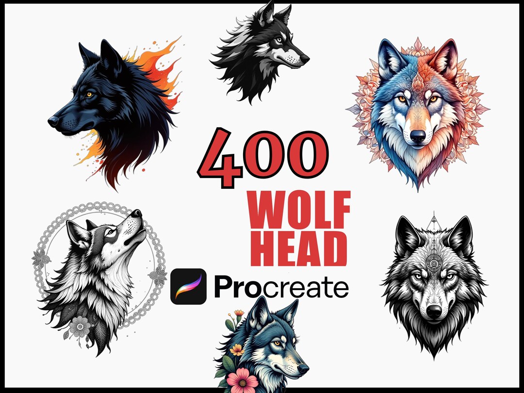 400 Wolf Head Procreate Stamps Brush Set, Animal Tattoo Designs, Wolf ...