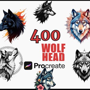 Könnte beinhalten: Ein Bild mit verschiedenen Wolfskopf-Illustrationen in unterschiedlichen Stilen und Farben. Der Text "400 WOLF HEAD" ist prominent in Rot dargestellt. Das Procreate-Logo ist ebenfalls sichtbar.