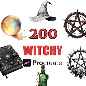 200 Witchy Procreate Stamps & Brushes Set, Magical Clipart Designs, Halloween Stencils, Occult Illustrations, Digital Art Bundle