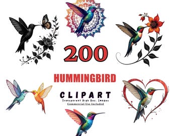 Kolibri Clipart Bundle - 200 akvarellkolibrier, blommig clipart, fågel-PNG, trädgårdstema clipart, digital nedladdning