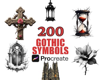 200 Gotische Symbole Procreate Pinselsets, dunkel ästhetische Cliparts, Tattoo-Design-Elemente, Gothic Art Pinsel, digitale Schablonen