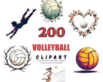 200 Volleyball Clipart Bundle, Digital Volleyball Graphics, Sports PNG, Transparent Background Clip Art, Volleyball Illustrations