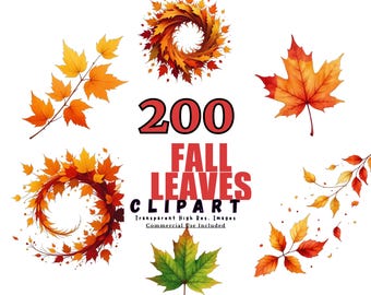 Paquete de 200 imágenes prediseñadas de hojas de otoño: imágenes PNG de hojas de otoño en acuarela, gráficos digitales para manualidades de temporada, álbumes de recortes e invitaciones.
