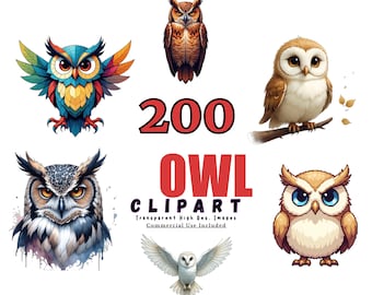 200 Cute Owl Clipart Bundle - Adorable Owl Illustrations for Scrapbooking, DIY Projects, and More - PNG Files with Transparent Background