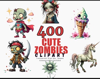 Peut inclure: Une collection d'images clipart sur le thème des zombies mignons. Les images incluent un super-héros zombie, un pirate zombie, une fille zombie avec des fleurs, une glace zombie, une licorne zombie et le texte "400 Cute Zombies Clipart".