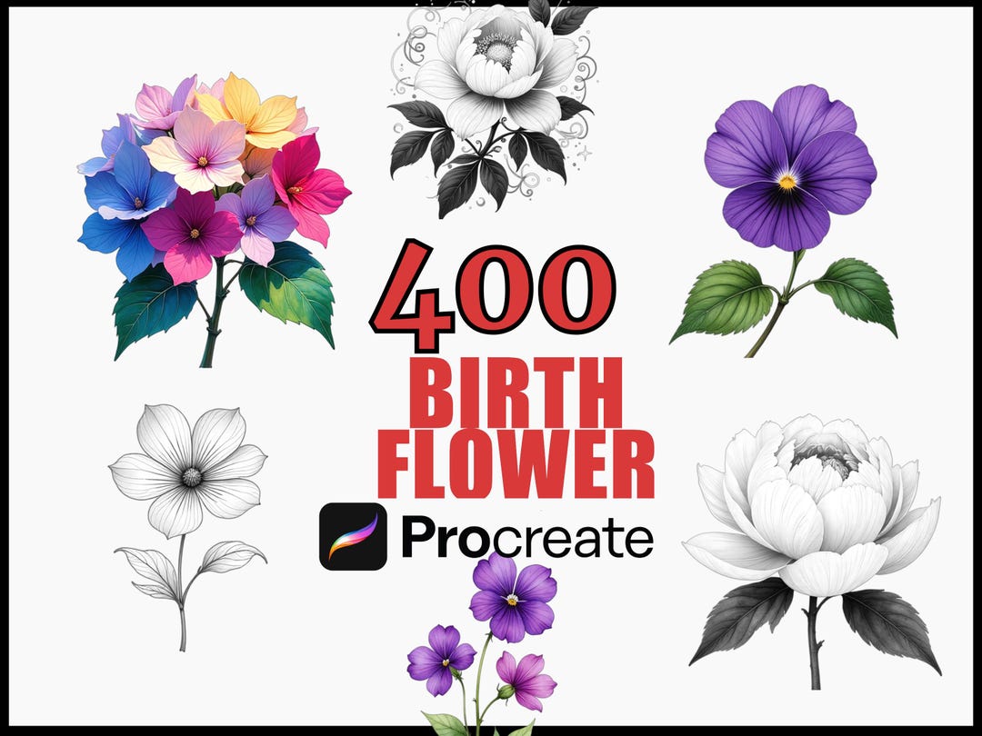 400 Procreate Birth Flower Stamps Brush Set, Floral Designs, Monthly ...