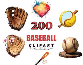 Baseball Clipart Bundle - 200 Sport Illustrationen, Vintage Baseball Grafiken, digitale Designs für Baseball Themen