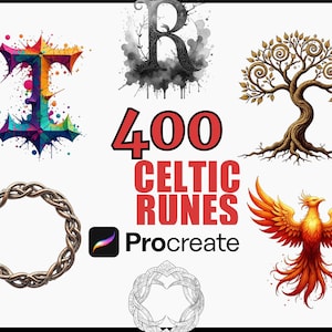 Può includere: Illustrazioni digitali con una lettera colorata, una lettera in bianco e nero, un albero, un nodo celtico circolare, una fenice e il testo "400 Celtic Runes Procreate".