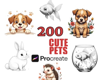 200 süße Haustiere Procreate Stempelbürsten, entzückendes Tier Clipart Bundle, lustige Haustierdesigns, digitale Pinselset, Tierliebhaber, niedliche Grafiken