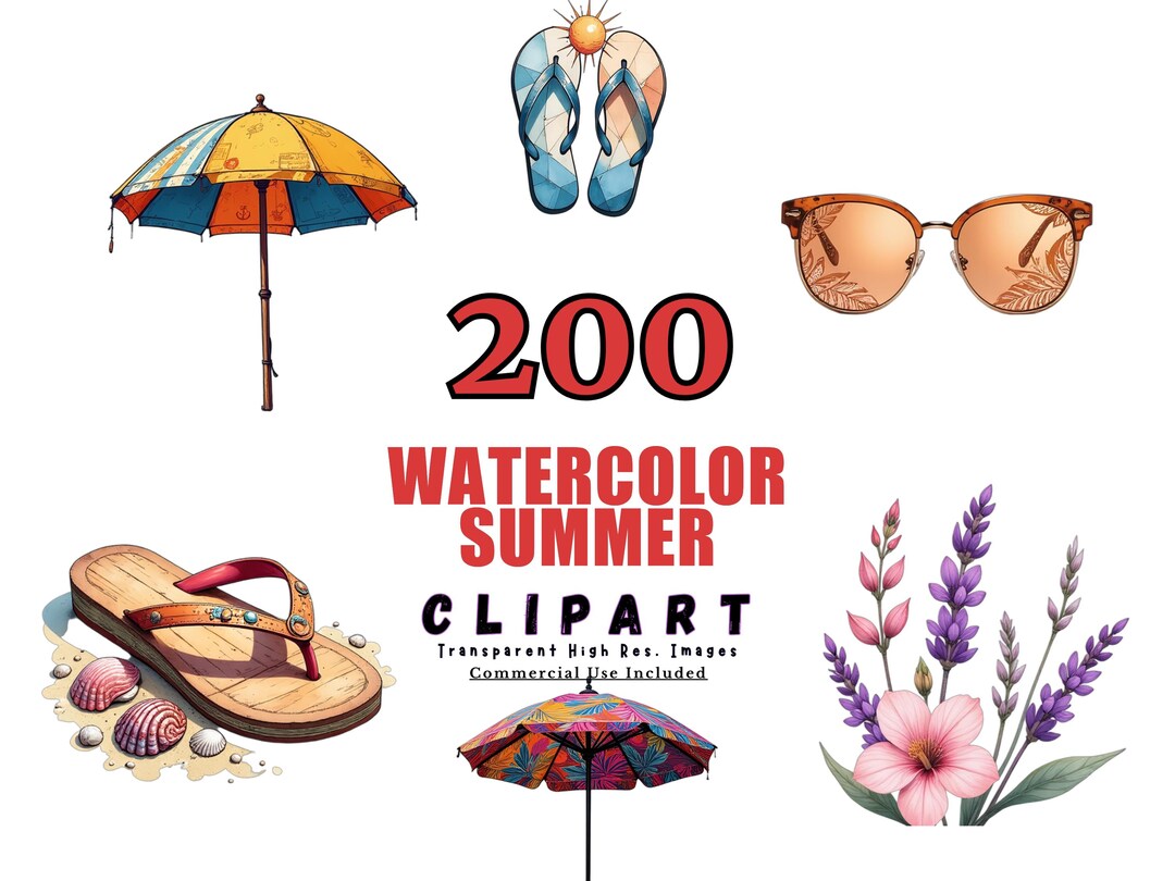 Watercolor Summer Clipart Bundle - 200 Tropical Designs, Beach Elements ...