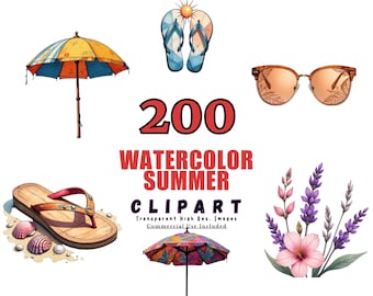 Watercolor Summer Clipart Bundle - 200 Tropical Designs, Beach Elements, Floral Graphics, Vacation Illustrations, PNG Files