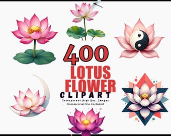 Pacchetto di clipart di fiori di loto, 400 PNG trasparenti, disegni di loto ad acquerello, grafica floreale per creazioni artigianali, uso commerciale