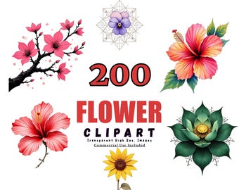 200 FLOWER Clipart Bundle - Watercolor Floral Designs, Transparent Background, Digital Nature Art, Botanical Illustrations for Crafting