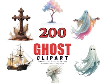 200 GHOST Clipart Bundle - gruselige Halloween Illustrationen, digitale Geister Designs, wunderliche PNG Kunst zum Basteln und Dekorieren