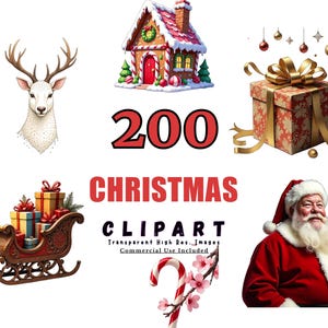 Pacote com 200 cliparts de Natal, gráficos de feriados, PNGs festivos, clipart do país das maravilhas do inverno, Papai Noel, boneco de neve, clipart de árvore de Natal