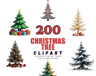 Paquete de 200 imágenes prediseñadas de árboles de Navidad, gráficos PNG festivos, imágenes prediseñadas de vacaciones, diseños de árboles de invierno, imágenes prediseñadas de decoraciones navideñas