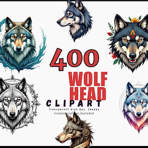 Op de afbeelding: Een verzameling van zes wolfskop clipart afbeeldingen in verschillende stijlen. De afbeeldingen tonen gedetailleerde illustraties van wolven met verschillende kleurenschema's en artistieke ontwerpen. De tekst in de afbeelding luidt "400 WOLF HEAD CLIPART".