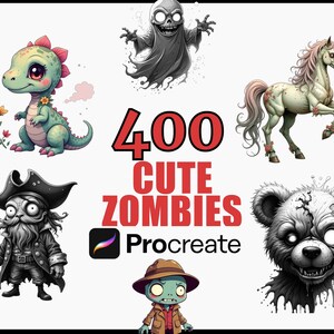 Może przedstawiać: Cyfrowa grafika przedstawiająca różne urocze postacie zombie, w tym dinozaura, ducha, jednorożca, pirata, niedźwiedzia i zombie w kapeluszu. Tekst "400 CUTE ZOMBIES Procreate" jest w kolorze czerwonym.
