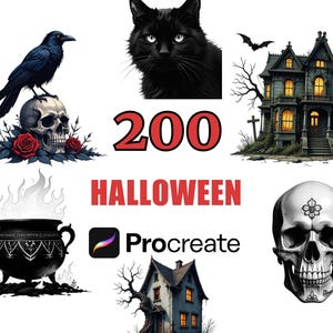 200 Halloween-stempels voortplanten borstelset, griezelige clipart, spookontwerpen, digitale penselen, pompoenstencils, heks illustraties