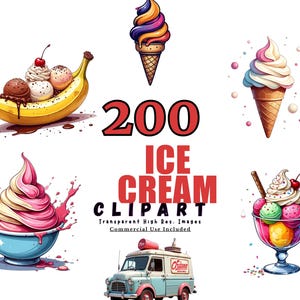 200 ICE CREAM Clipart Bundle, Watercolor Ice Cream Treats, Summer Desserts, Transparent Background, Digital Ice Cream Art