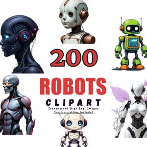 200 Robot Clipart Bundle - Cute Digital Robots, PNG Files, Transparent Background, Fun Robot Illustrations for Crafts and Projects