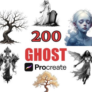 Puede incluir: Paquete de arte digital con ilustraciones de fantasmas, árboles e imágenes góticas. El texto "200 GHOST Procreate" se muestra en rojo y negro. Las imágenes son en blanco y negro y tonos de azul.