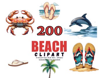 200 BEACH Clipart Bundle - Tropical Designs, Summer Graphics, Ocean Clip Art, Sand and Surf Illustrations for Crafts and Projects