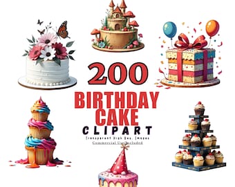 Pacchetto Clipart di Torte di Compleanno - 200 Illustrazioni Digitali di Torte, ClipArt di Buon Compleanno, Grafica per Feste, Download Istantaneo
