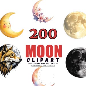 200 MOON Clipart Bundle - Celestial Graphics, Watercolor Moon Designs, Lunar Illustrations for Mystical Creations, Digital Download