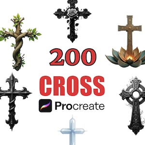 Puede incluir: Imagen que presenta varios diseños de cruces: una cruz de madera con hojas, una cruz negra con una rosa y una cruz sobre una flor de loto. El número "200" y la palabra "CROSS" están en rojo, junto con el logotipo de Procreate.