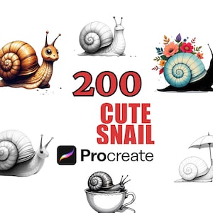 Peut inclure: Plusieurs illustrations de charmants escargots. L'image présente divers motifs d'escargots, dont certains avec des fleurs, tenant des parapluies et dans des tasses. Le texte indique "200 Cute Snail Procreate".