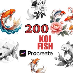 200 Koifiskar Procreate Stamps Penselset, Digitala Penslar, Tatueringsdesigner, Flash Schabloner, Djurkonst, Kreativt Procreate Pack