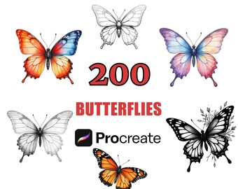 200 vlinder voortplanten stempels borstelset, digitale clipartbundel, vlinderontwerpen, natuurstencils, kunstpenselen, vlinderillustraties