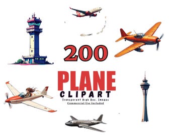 Pacote com 200 CLIPARTS DE AVIÃO - Gráficos de avião, clipart de aviação, ilustrações de viagem, download digital, fundo transparente
