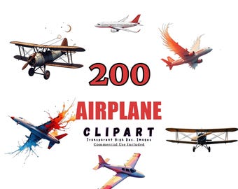 200 flygplans clipart-paket - flygplansgrafik, flygillustrationer, flyg-PNG:er, transparent bakgrund, digital nedladdning