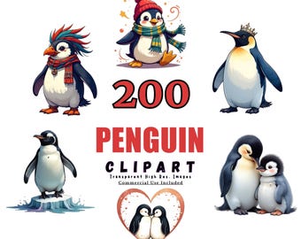 May include: A collection of six cartoon penguin illustrations. The penguins are depicted in various poses and outfits, including a crown, scarves, and hats. The text "200 PENGUIN CLIPART" is displayed in red.