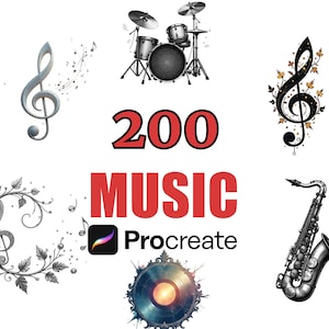 200 Procreate MUSIC Stamps Brush Set, Musical Clipart, Note Designs, Instruments Stencils, Digital Brushes, Stamp Designs, Procreate