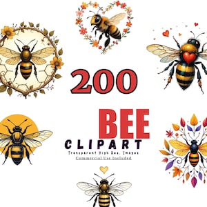 200 BEE Clipart Bundle - Watercolor Bees, Cute Bee Illustrations, Bee PNGs for Gardening, Invitations, DIY Projects, and More