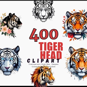 Puede incluir: Una colección de imágenes prediseñadas de cabezas de tigre en varios estilos. Las imágenes incluyen ilustraciones detalladas de caras de tigre con diferentes combinaciones de colores, algunas con acentos florales. El texto dice "400 TIGER HEAD CLIPART".