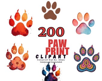 May include: A collection of colorful paw print clipart images. The image features various paw prints in watercolor style, with a variety of colors and patterns. Text reads "200 PAW PRINT CLIPART" with "Transparent High Res. Images" and "Commercial Use Included".