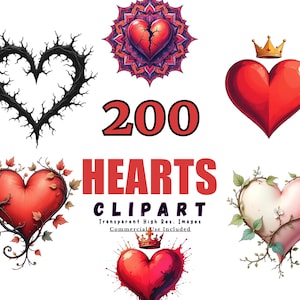 200 HEARTS クリップアートバンドル vol2 - かわいいハートデザイン、バレンタインデー、ラブクリップアート、デジタルハートアート、PNGファイル、透明な背景