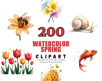 Pacchetto Clipart primaverile ad acquerello - 200 illustrazioni floreali, fiori primaverili, elementi da giardino, arte digitale, file PNG