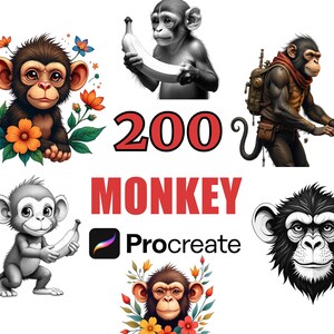 May include: Digital art featuring various monkey illustrations. The image includes a monkey holding a banana, a monkey with a backpack, and a monkey face. Text reads "200 MONKEY Procreate".