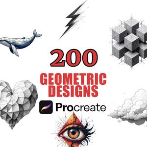 Könnte beinhalten: Das Bild zeigt eine Sammlung geometrischer Designs, darunter ein Wal, ein Blitz und ein Herz. Der Text "200 GEOMETRIC DESIGNS" ist prominent dargestellt, zusammen mit dem Procreate-Logo, was auf digitale Kunst oder Designressourcen hindeutet.