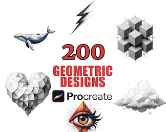 Conjunto de pincéis para carimbos Procreate com 200 desenhos geométricos, clipart geométrico, formas abstratas, padrões digitais, elementos de design, pincéis Procreate